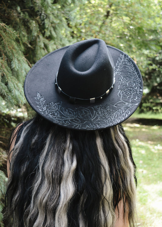 Wild Rose- Wide Brim Hand Burned Hat