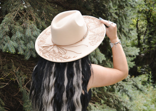 Eclectic Poppy and Baby's Breath- Wide Brim Hand Burned Hat