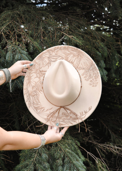 Eclectic Poppy and Baby's Breath- Wide Brim Hand Burned Hat