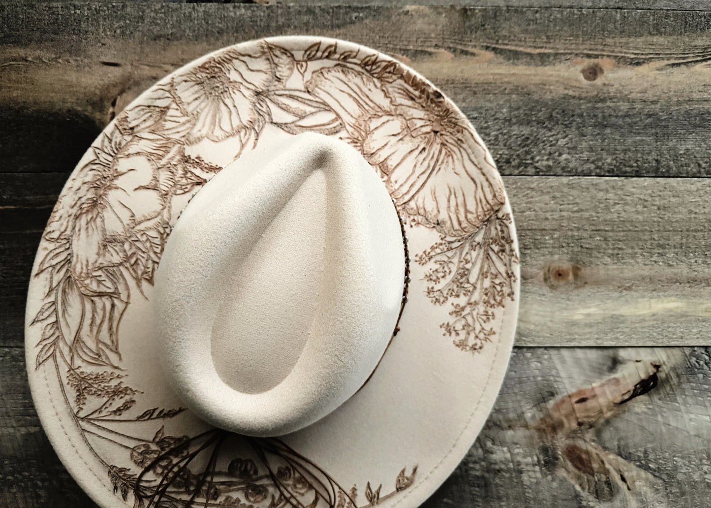 Eclectic Poppy and Baby's Breath- Wide Brim Hand Burned Hat