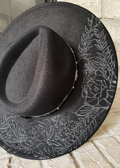 Wild Rose- Wide Brim Hand Burned Hat